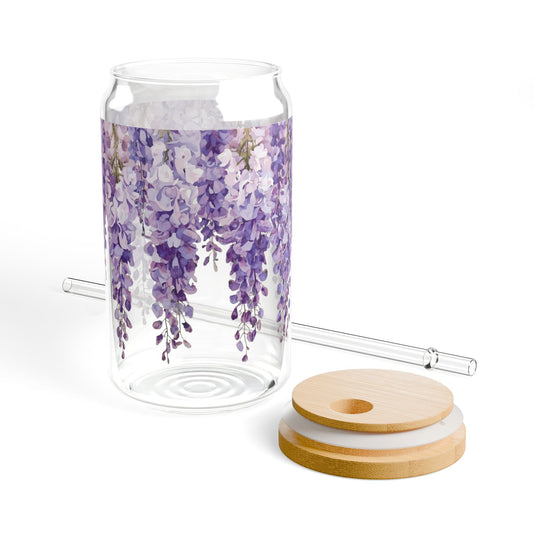 🌿 WISTERIA WHISPER SIPPER – 16oz Purple Bloom Glass Tumbler with Bamboo Lid