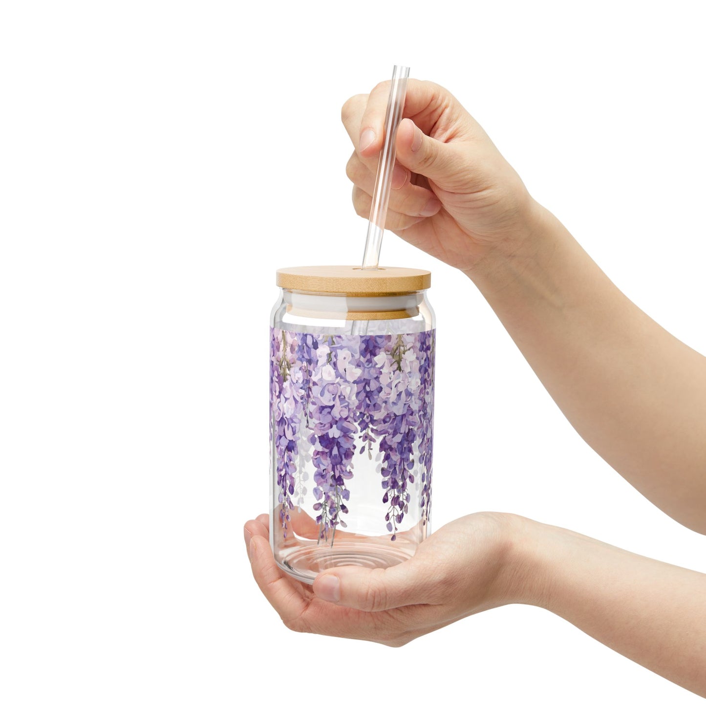 πΏ WISTERIA WHISPER SIPPER β 16oz Purple Bloom Glass Tumbler with Bamboo Lid