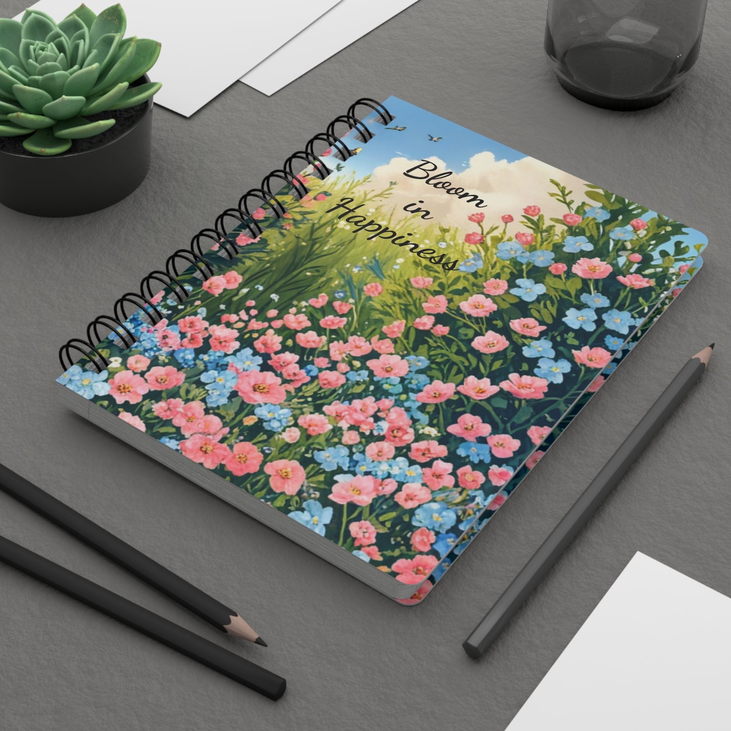 Bloom in Happiness Spiral Journal — Floral Notebook for Gratitude & Daily Planning