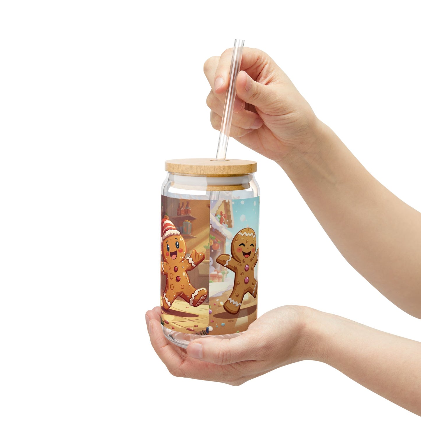 "Run, Run, Gingerbread Man!" 16oz Glass Sipper – Bamboo Lid & Tritan Straw Holiday Tumbler