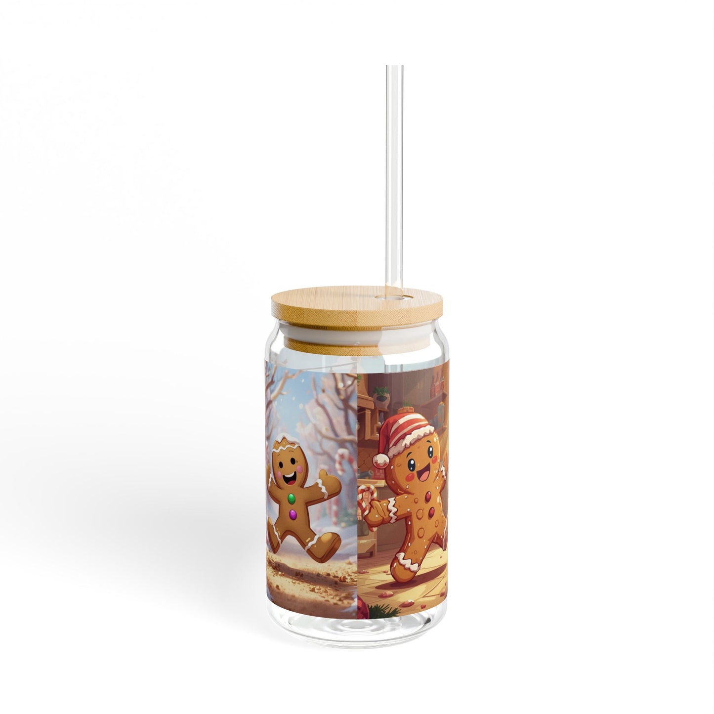 "Run, Run, Gingerbread Man!" 16oz Glass Sipper – Bamboo Lid & Tritan Straw Holiday Tumbler