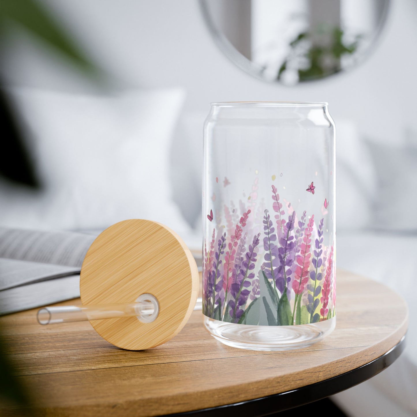 🌿 Lavender Bloom 16oz Sipper Glass – Wildflower Watercolor Tumbler with Bamboo Lid