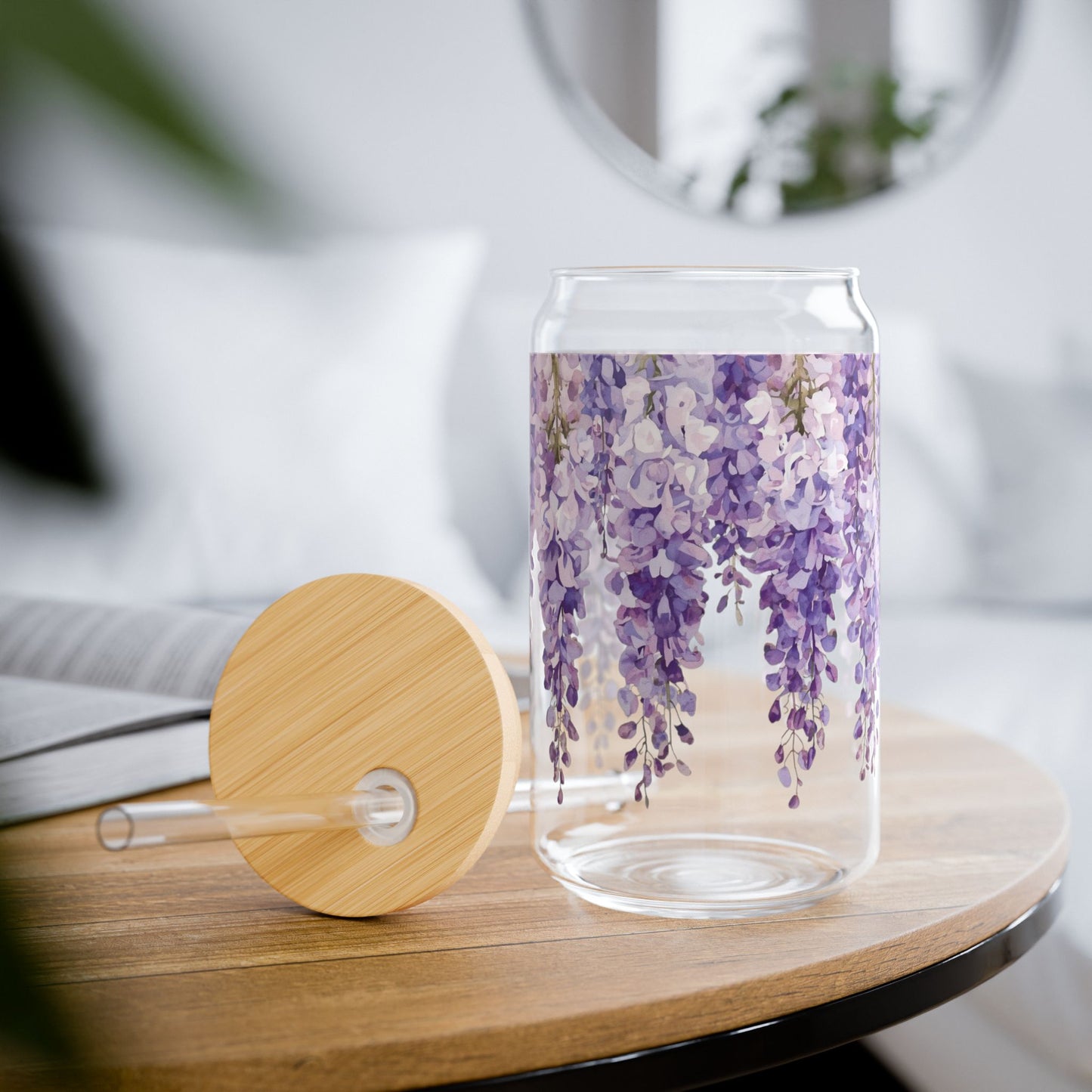 🌿 WISTERIA WHISPER SIPPER – 16oz Purple Bloom Glass Tumbler with Bamboo Lid