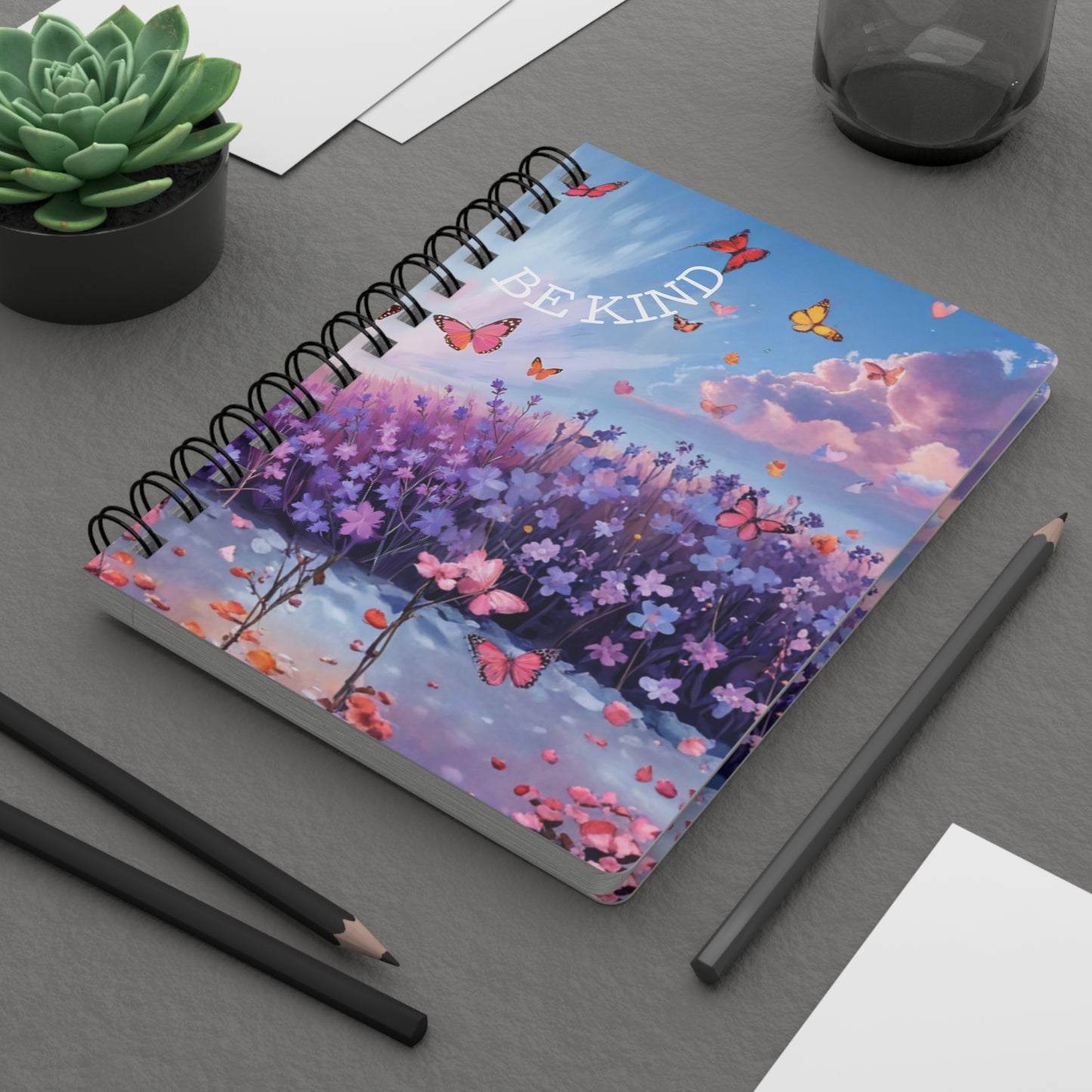 🌸 Lavender Whisper Journal – 150-Page "Be Kind" Spiral Notebook with Butterfly Meadow